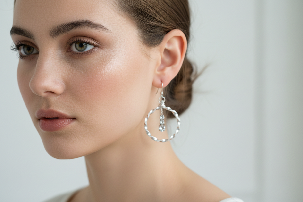 Twisted round earrings with 3 diamond drops
