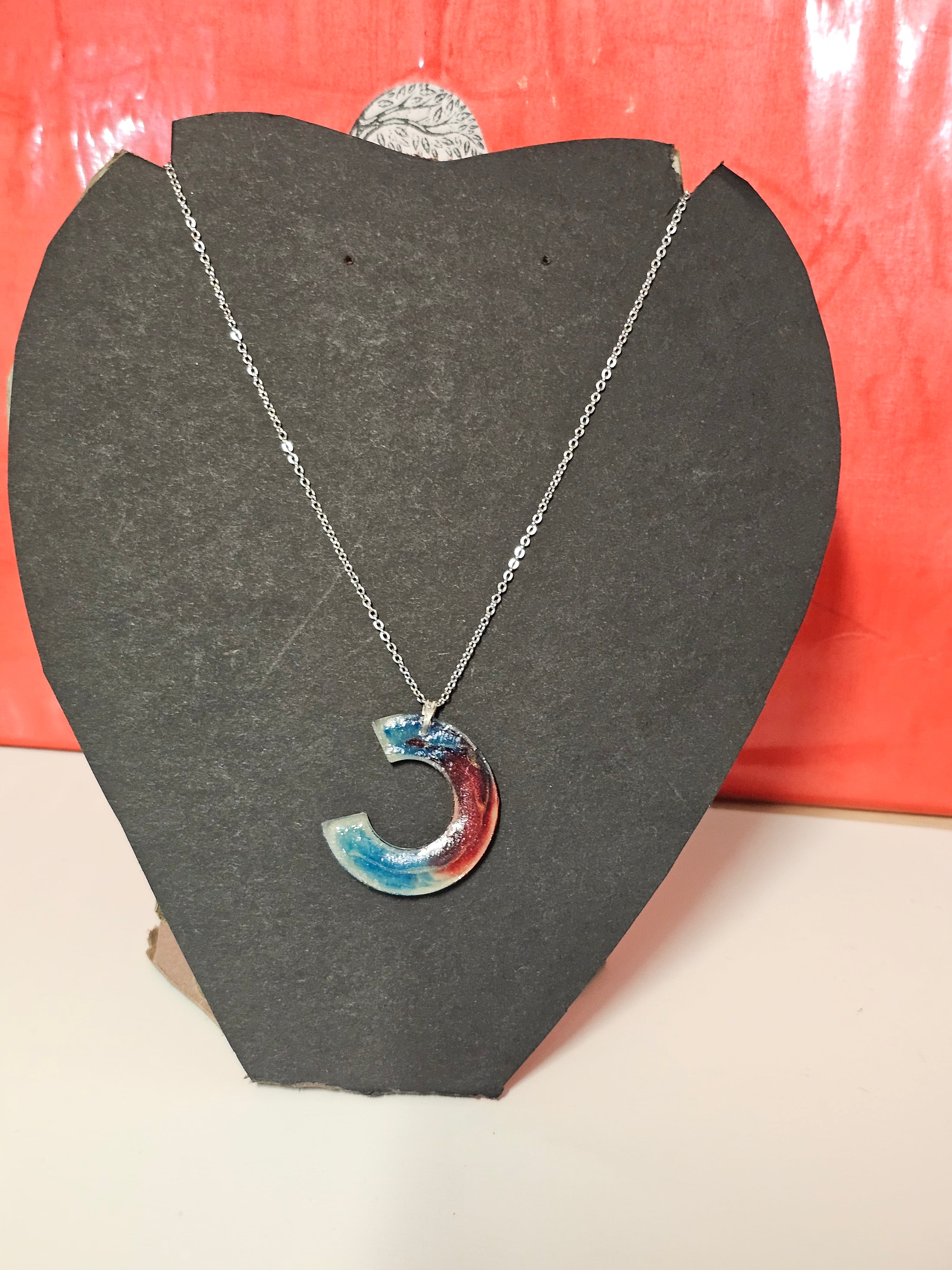 Blue and red 3/4 circle pendent and chain