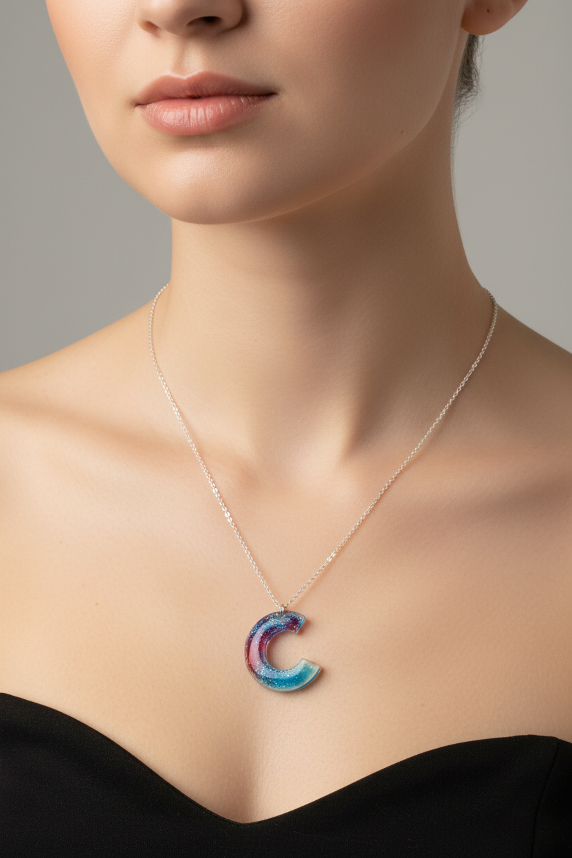 Blue and red 3/4 circle pendent and chain