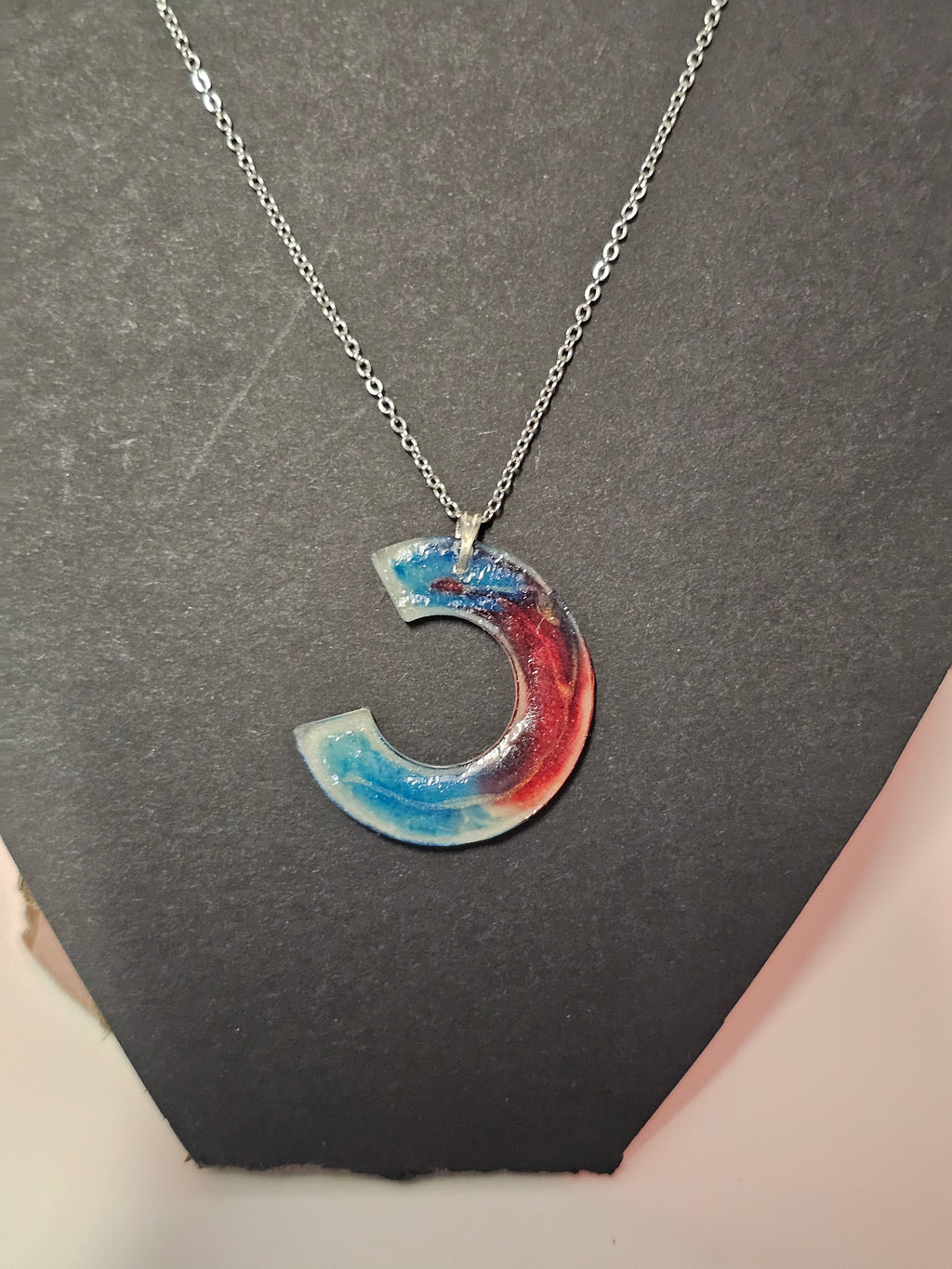 Blue and red 3/4 circle pendent and chain