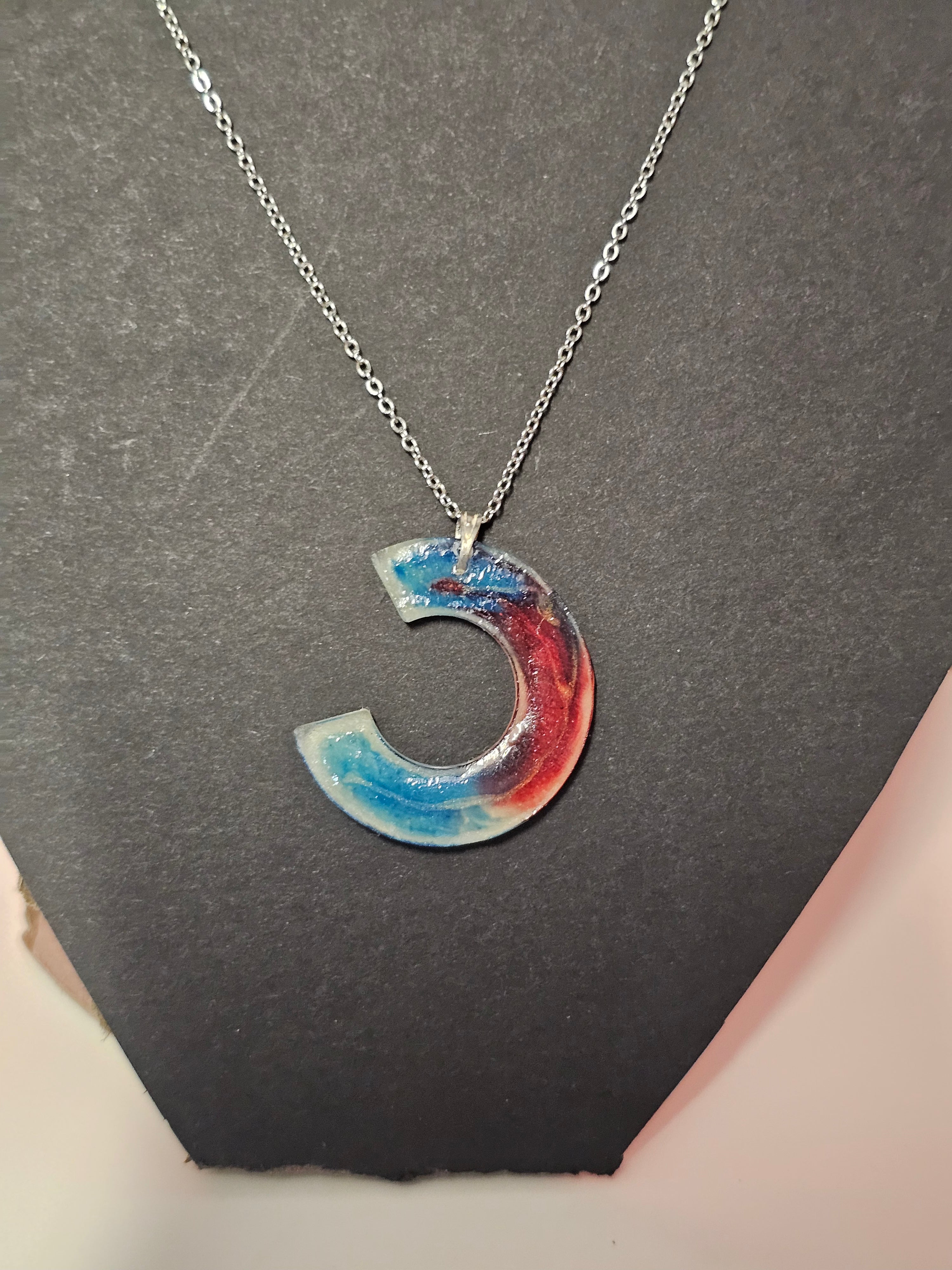 Blue and red 3/4 circle pendent and chain