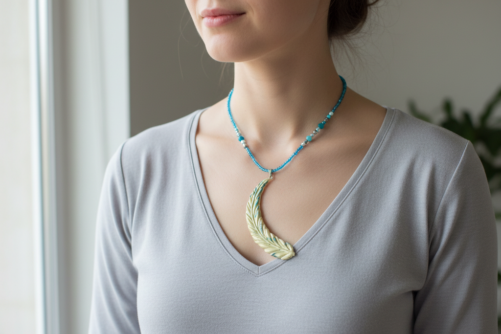 golden feather pendent on blue beaded chain