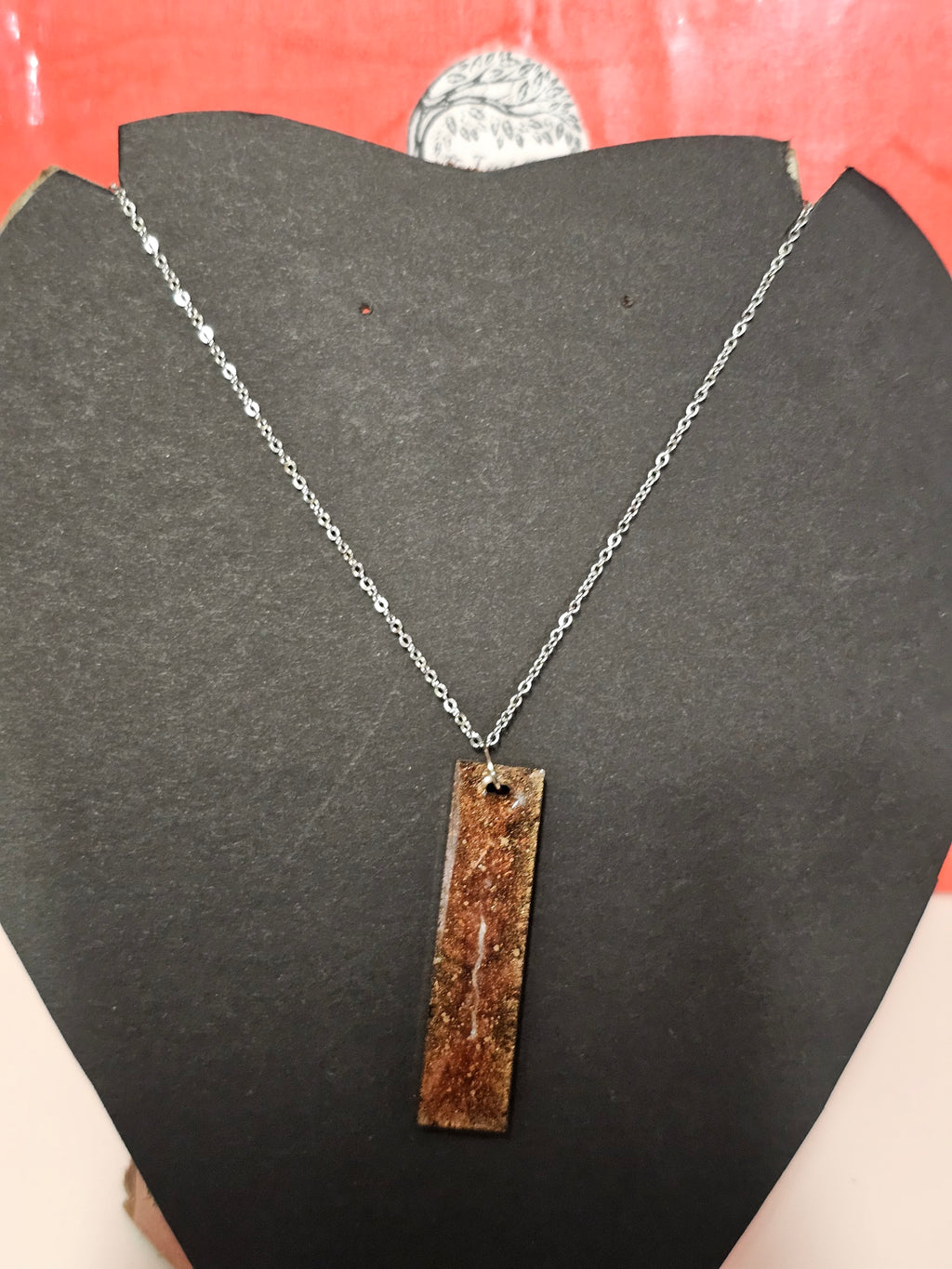 Square, brown drop pendent and chain