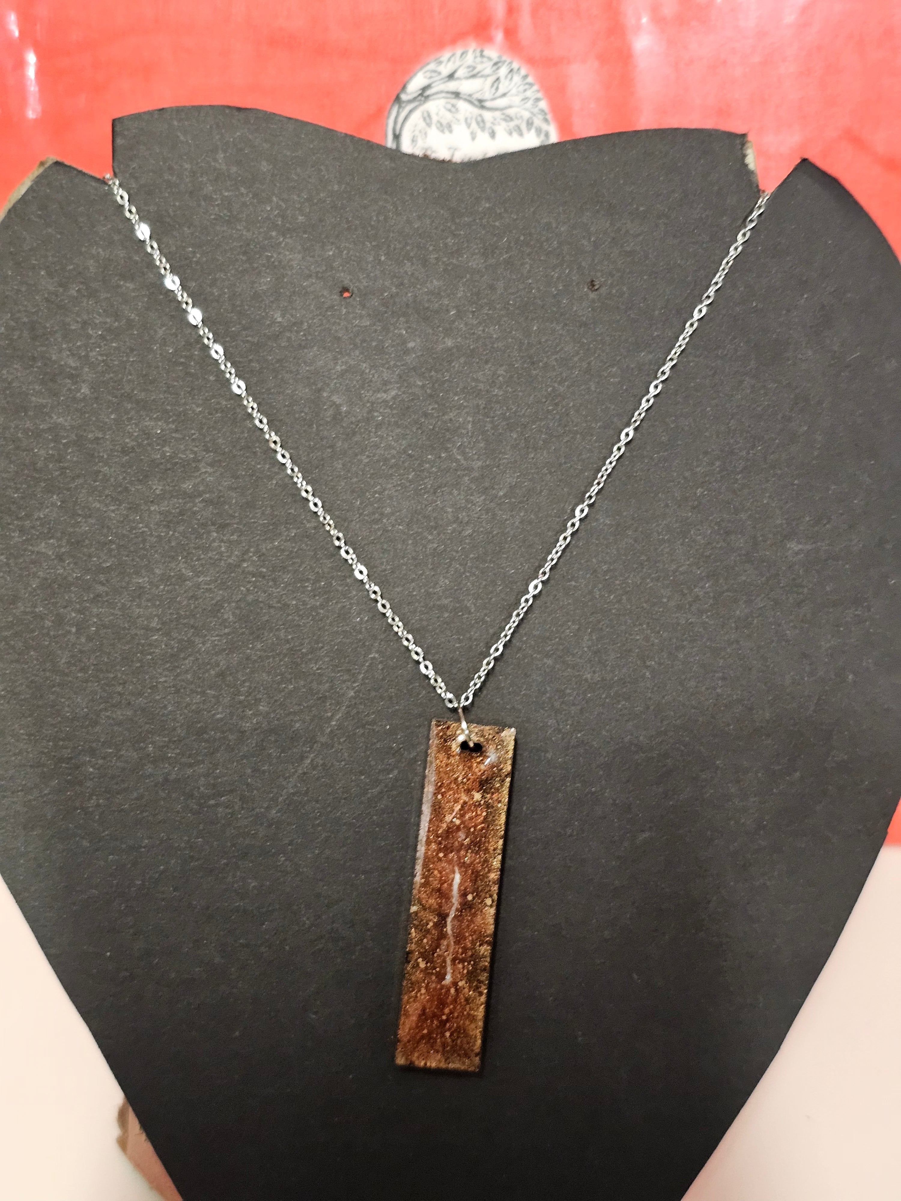 Square, brown drop pendent and chain