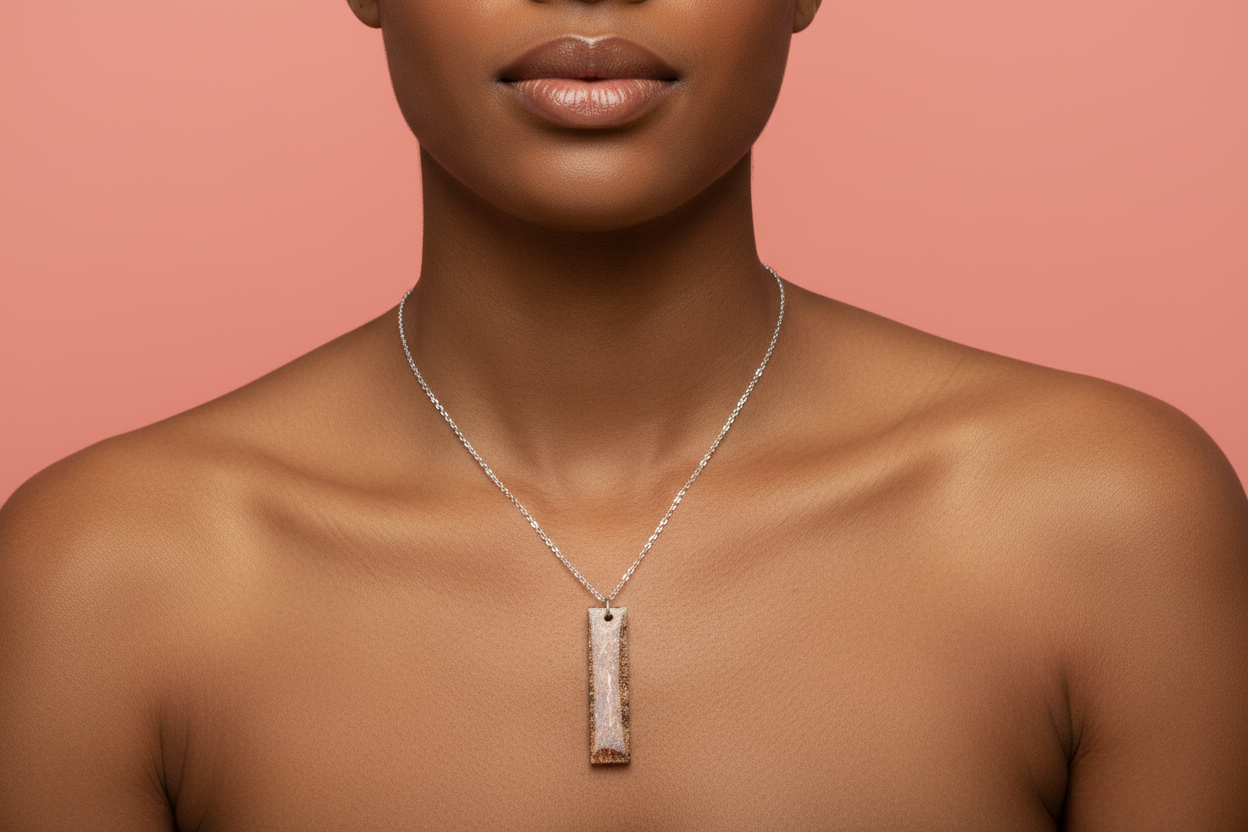 Square, brown drop pendent and chain