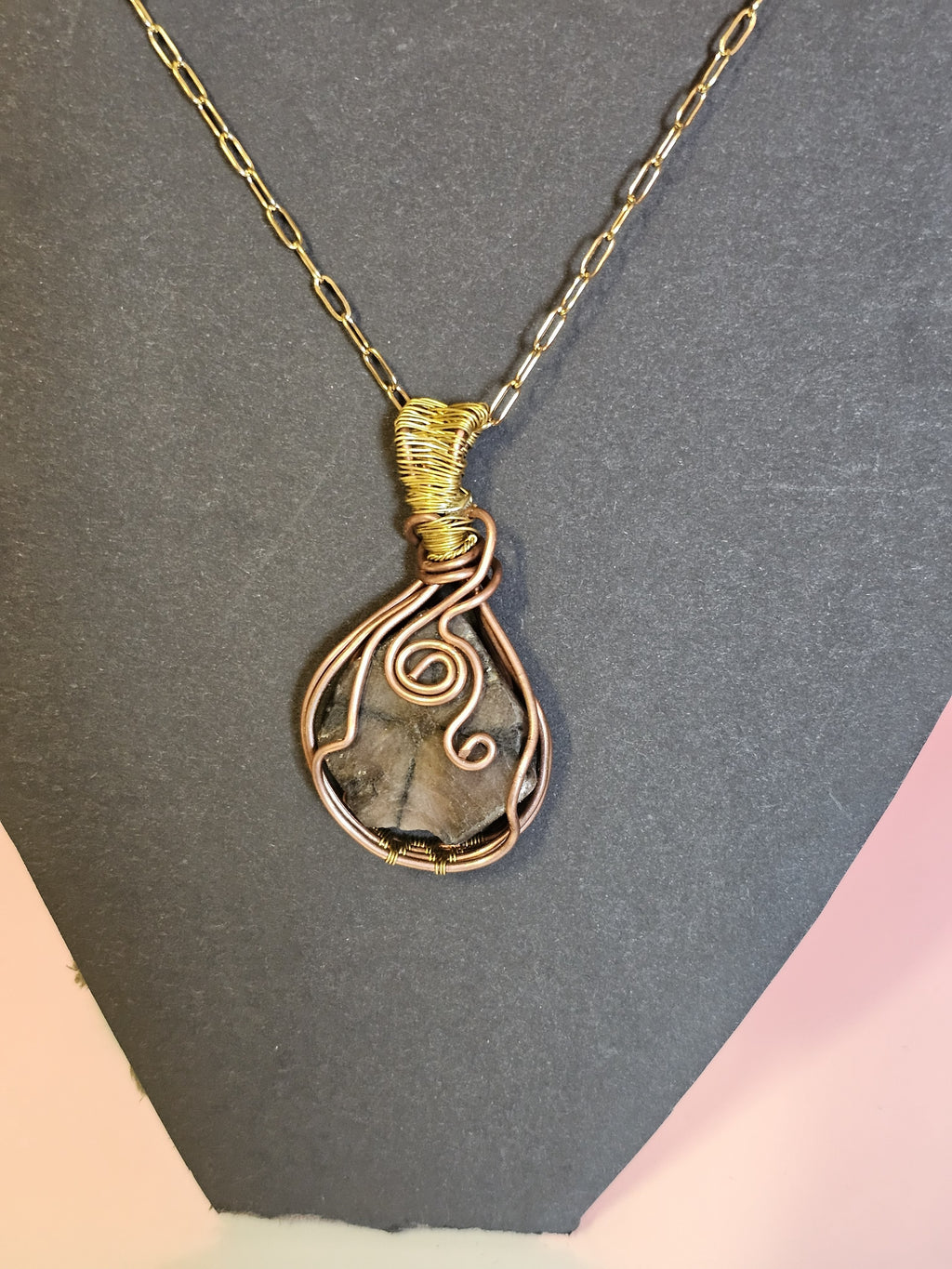 stone wrapped in copper in a potion shape bottle pendent and chain