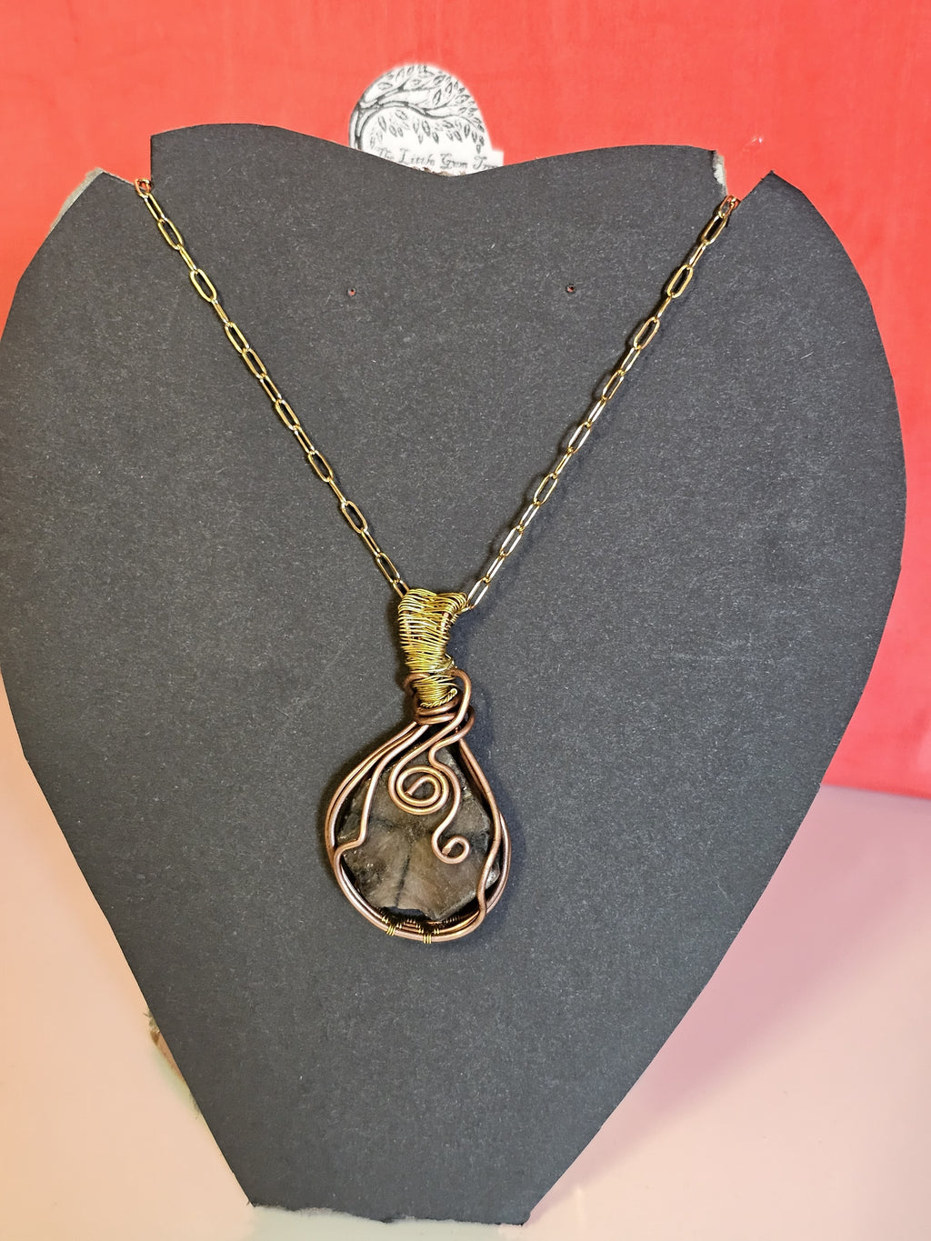 stone wrapped in copper in a potion shape bottle pendent and chain