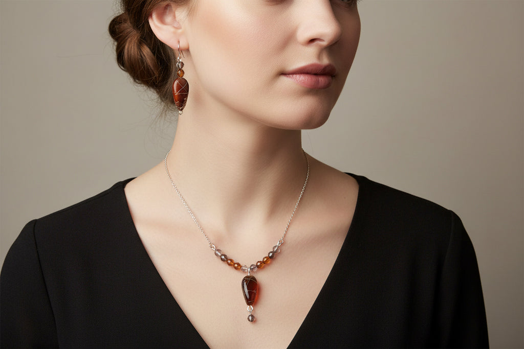 tan and gold swirls beaded earrings and necklace set