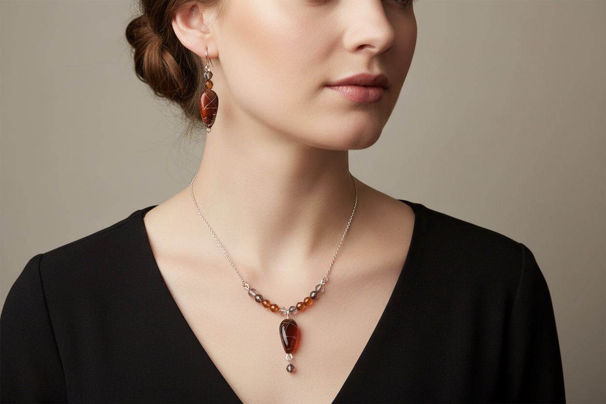 tan and gold swirls beaded earrings and necklace set