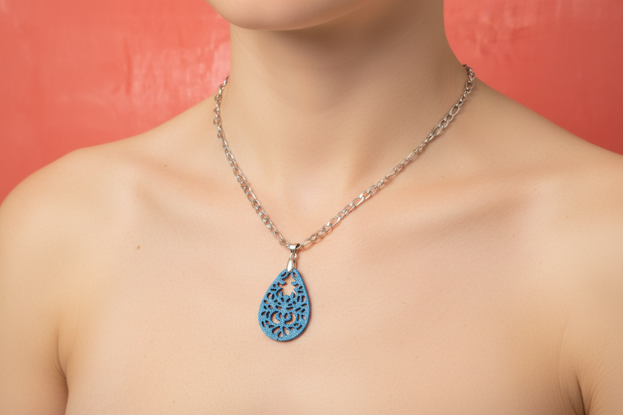 blue pattern tear drop pendent and chain