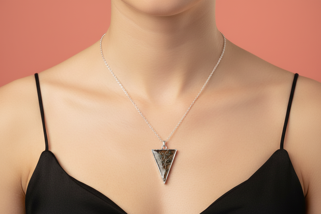 tree of life in resin with orange leaf background in a triangle pendent