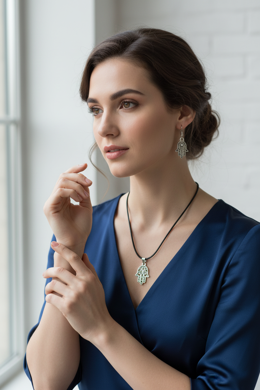 hand symbol pendent and earrings set