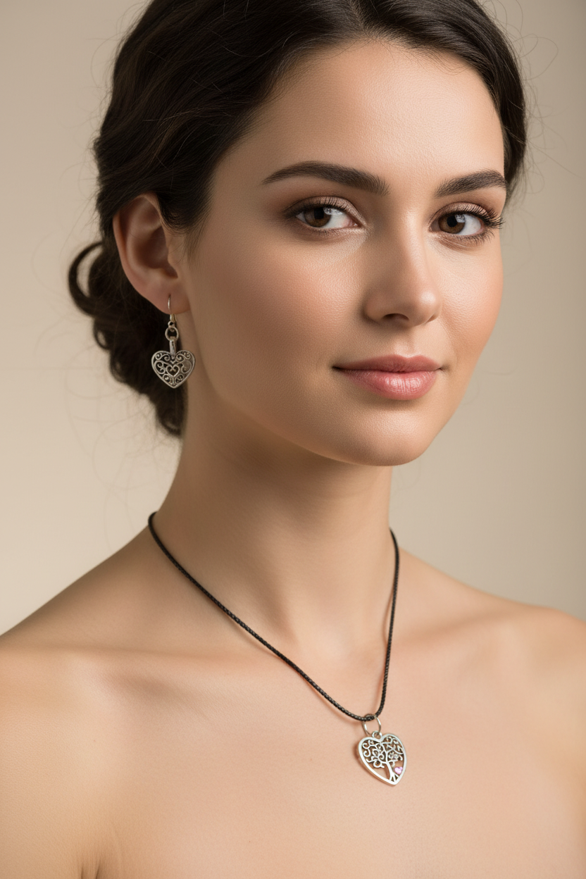 tree of life inside a heart pendent with earrings on cord