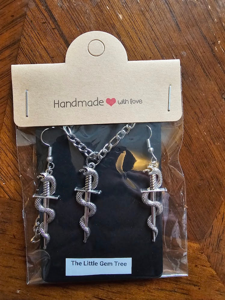 snake wrapped sword pendent and earring