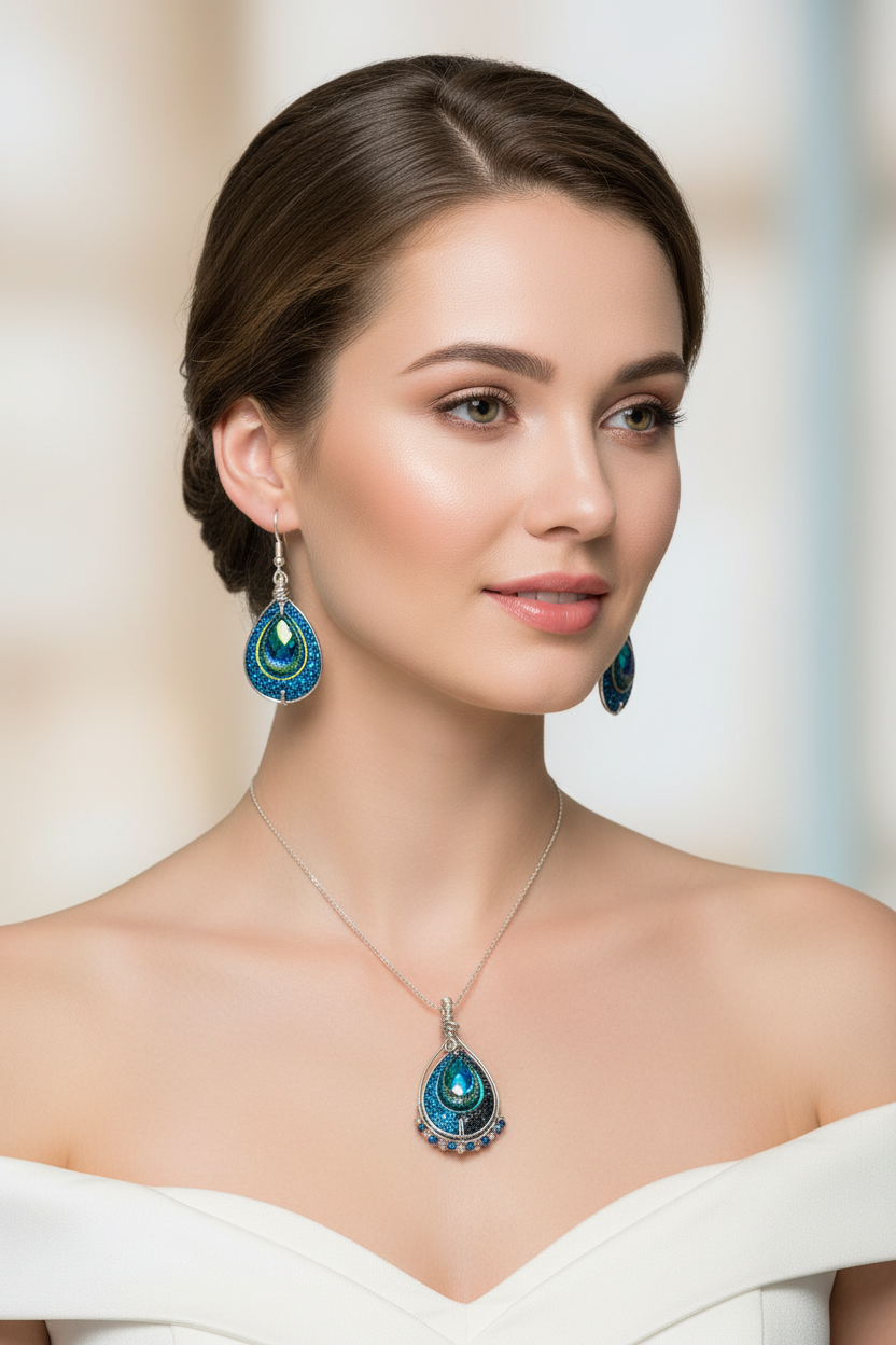 peacock pendent and earing set