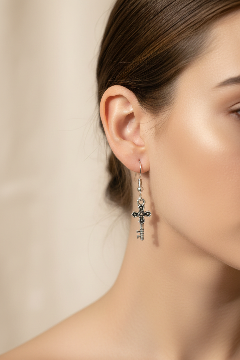Pair of silver cross keys earrings