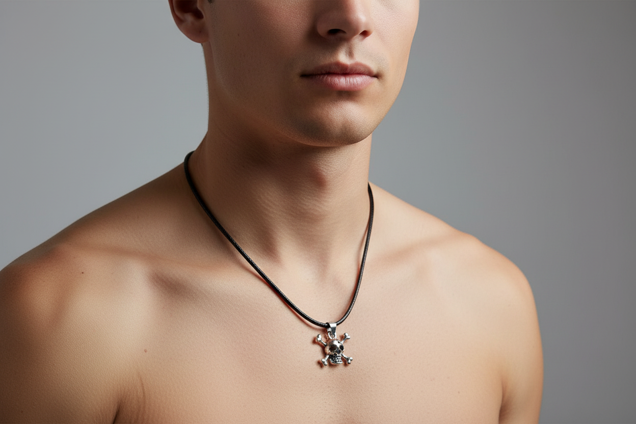 skull and cross bones pendent on cord