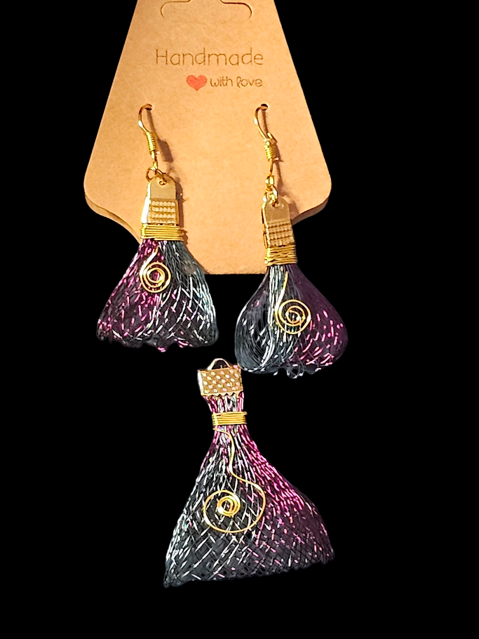 Purple and blue wire tassel pendent and earing sets