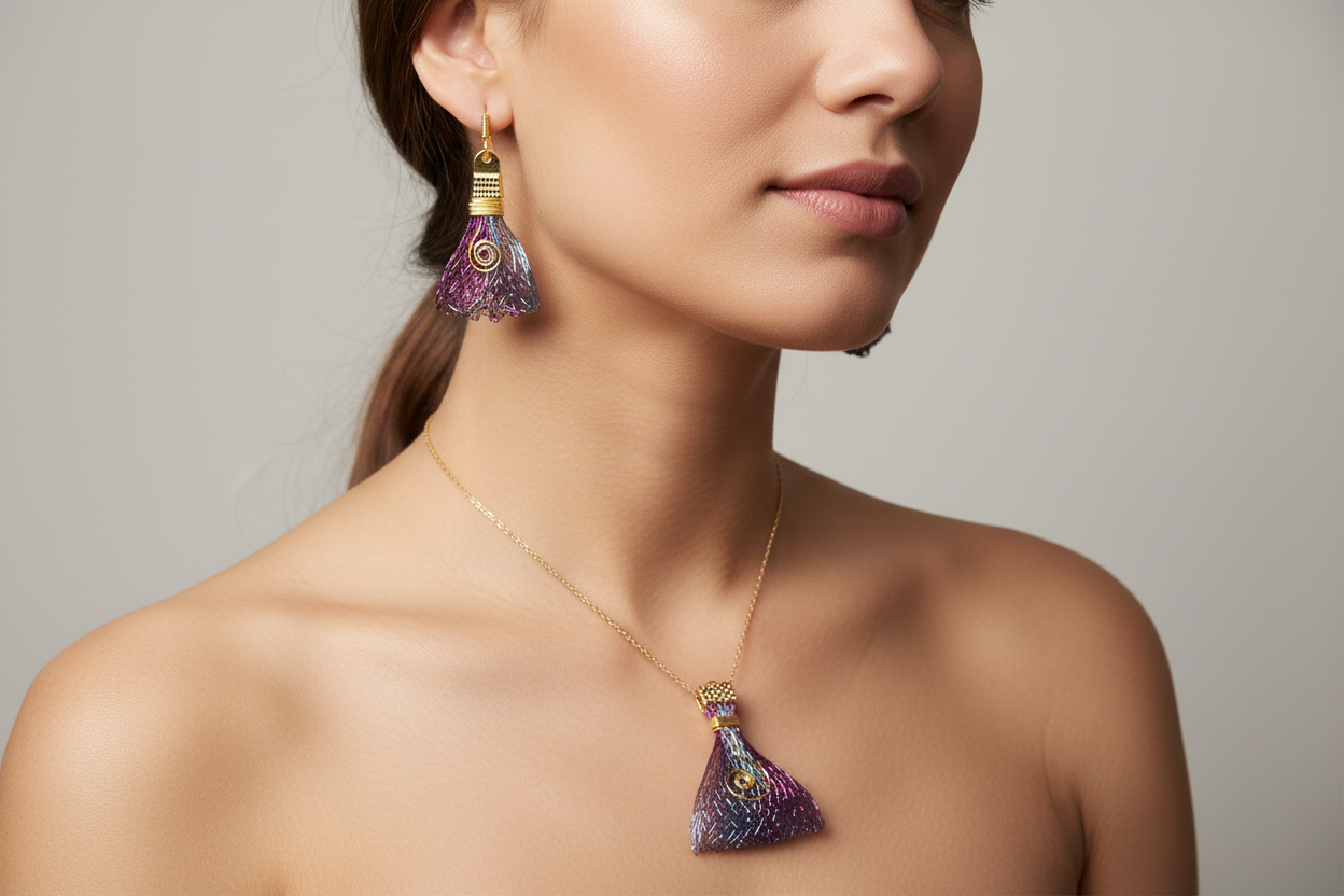 Purple and blue wire tassel pendent and earing sets