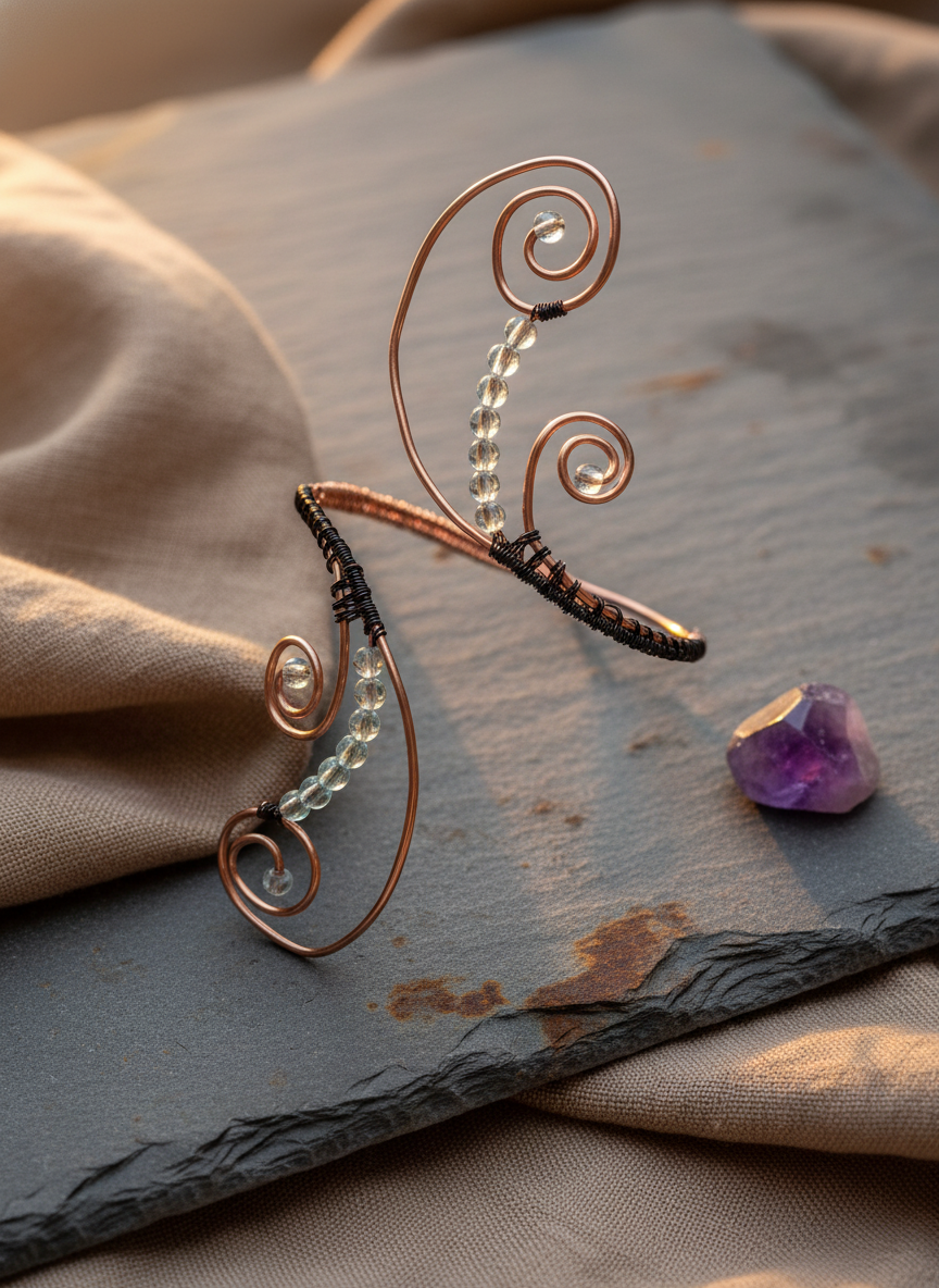 Copper and black wire beaded arm band on natural surface